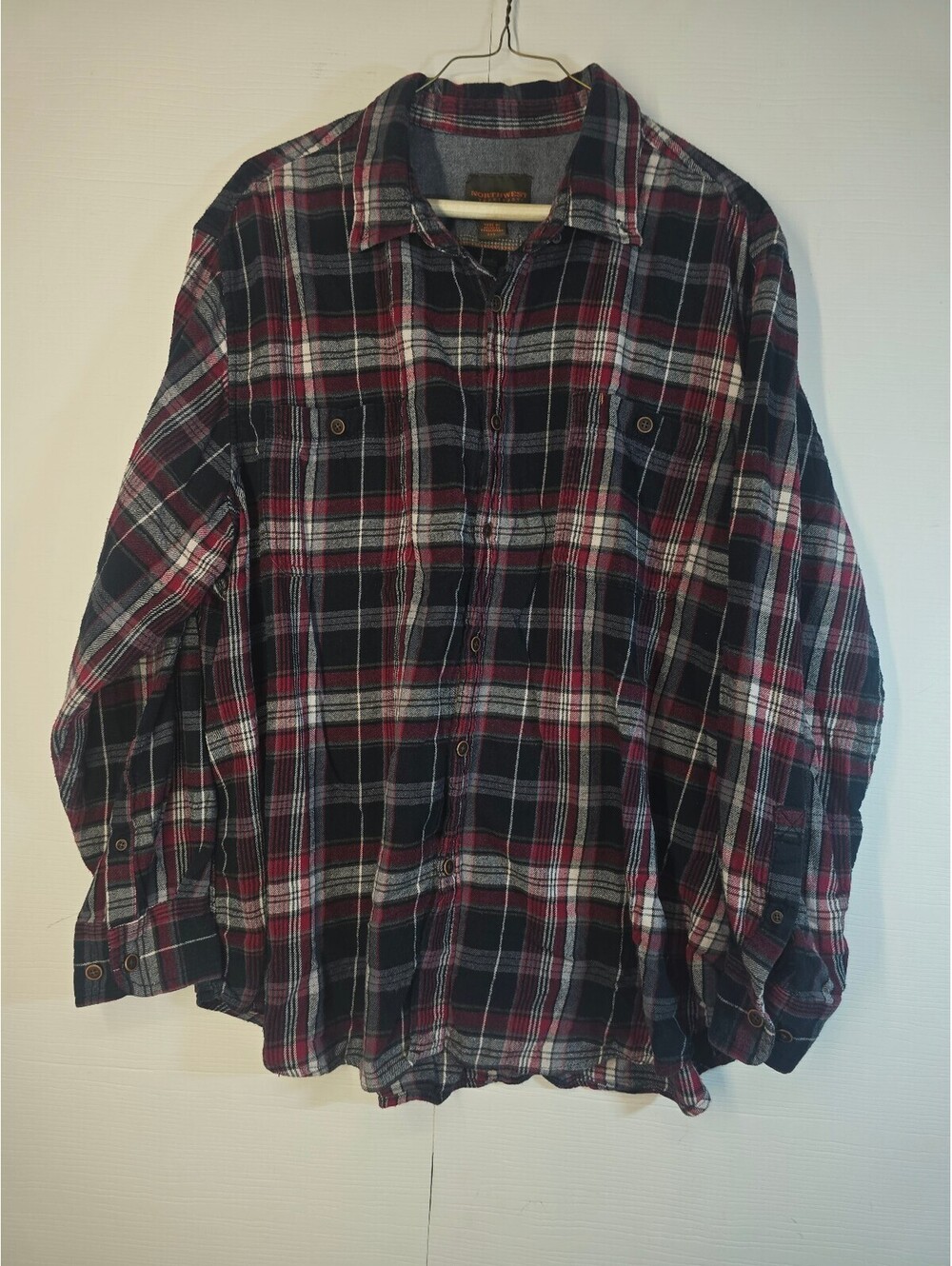 Northwest Territory Mens 2XL Red Black White Plaid Flannel Shirt Roll Tab Sleeve
